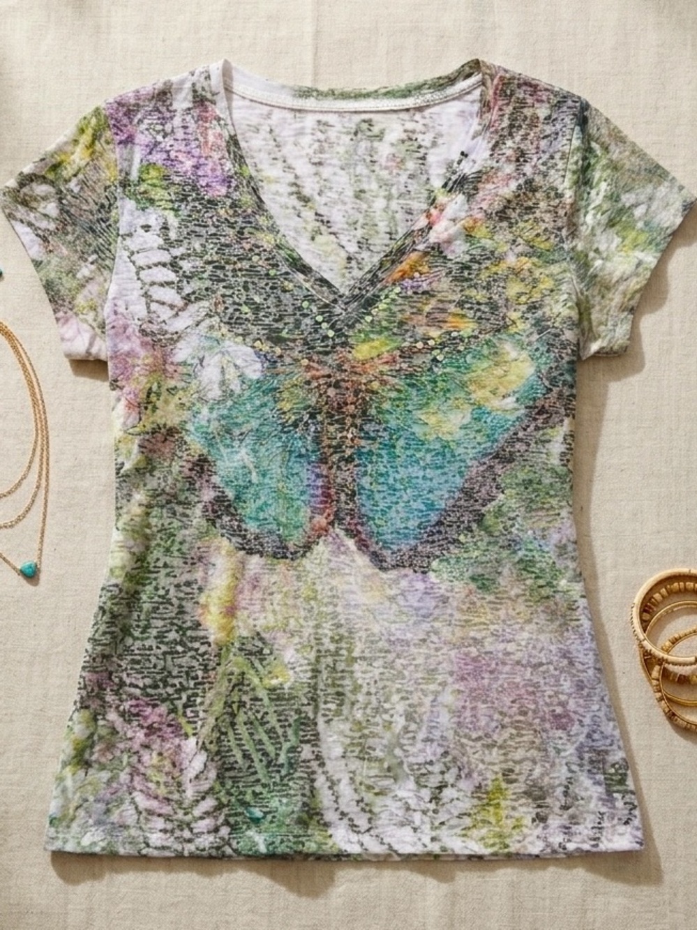 Express Butterfly Sequin Graphic V-Neck T-Shirt Sparkly Floral Top Festival M